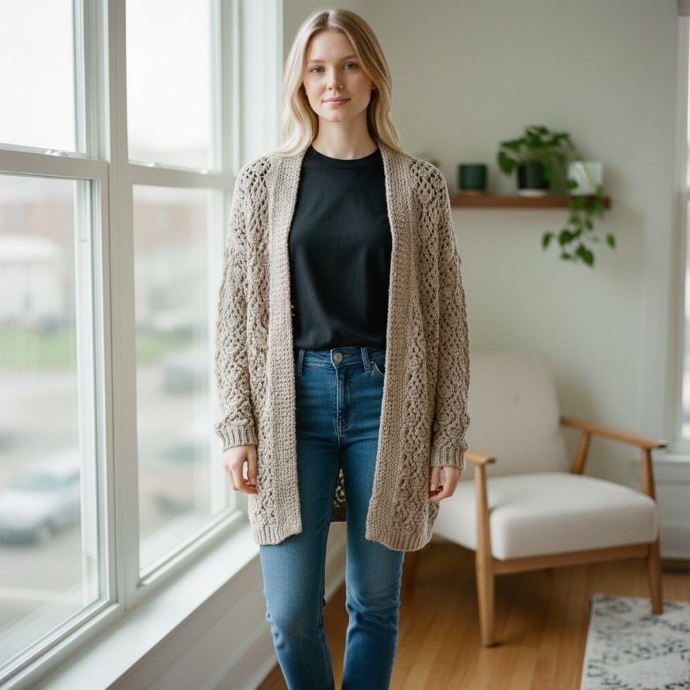 Jun & Ivy taupe open-front crochet cardigan Francesca's boho-chic lightweight XS